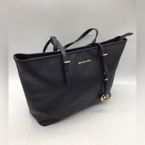 Michael kors black large gold zipper travel bag shoulder, tote bag MK logo